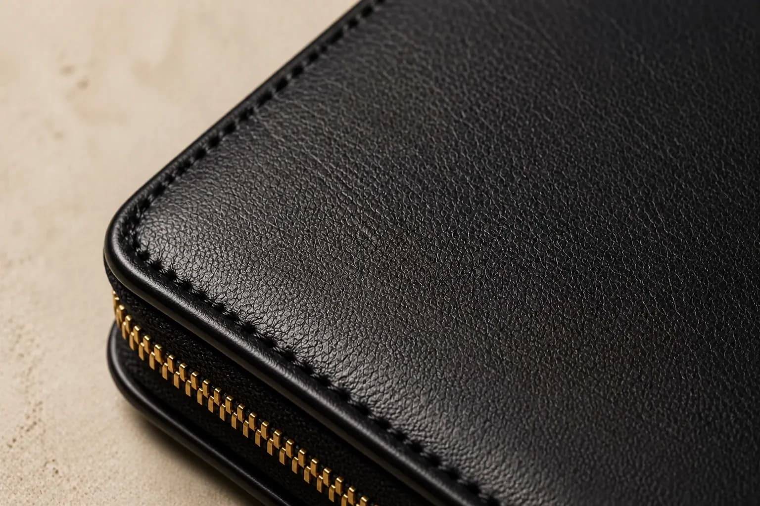 Macro detail of the Onyx binder leather, stitching, and gold zipper