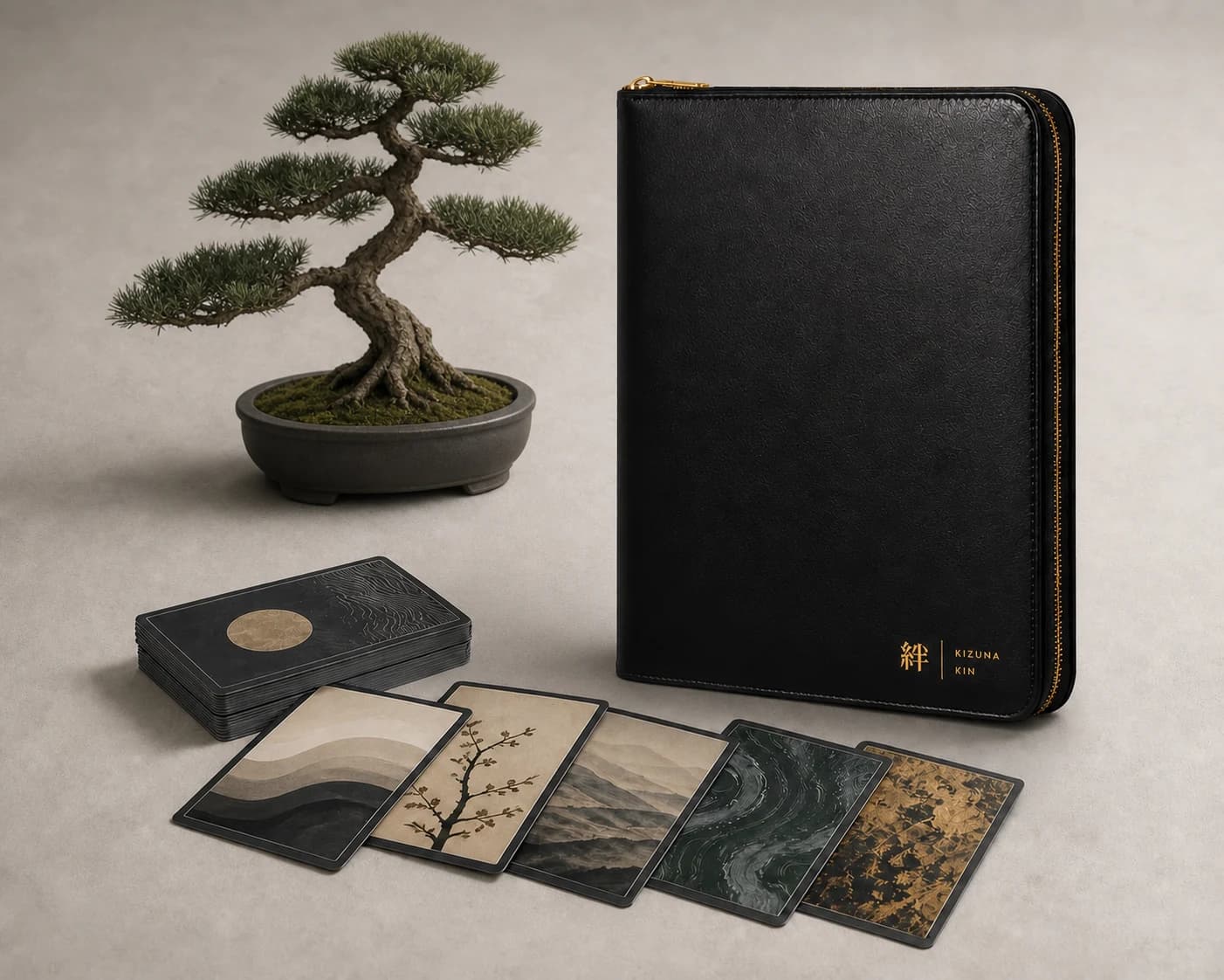 Onyx Kizuna Kin trading card binder with cards and a Japanese pine bonsai