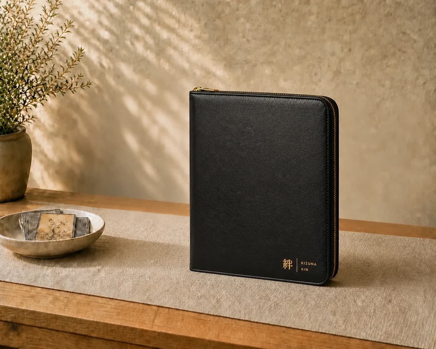 Onyx Kizuna Kin trading card binder in a warm collector setting