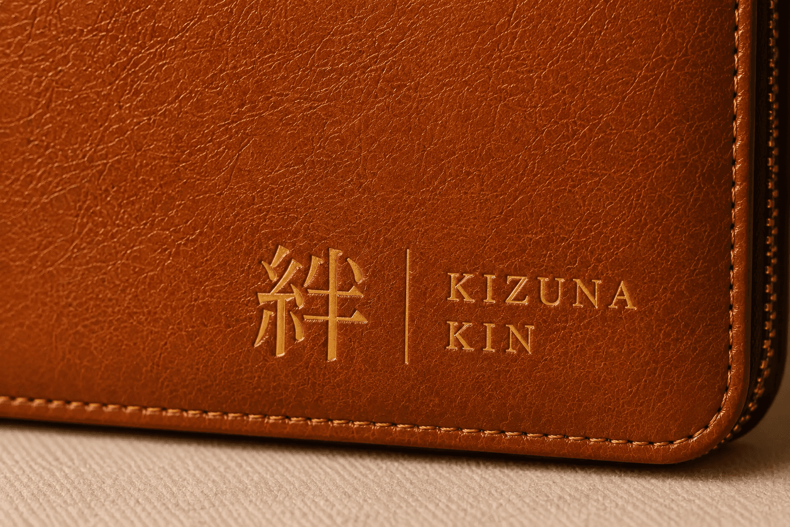 Close-up of the gold-foil 絆 logo embossed on leather