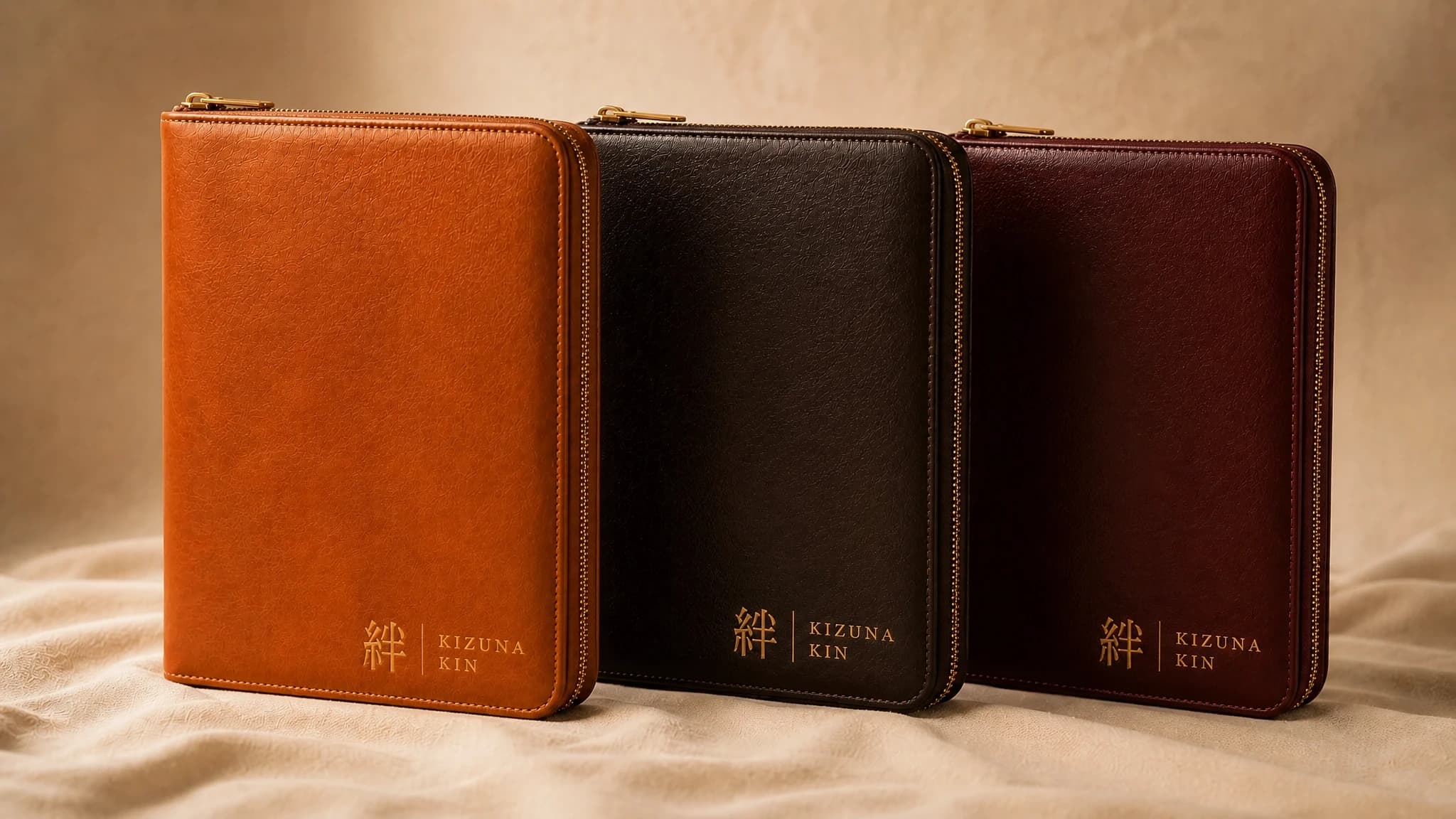 The Kizuna Kin collection — cognac, onyx and oxblood leather binders