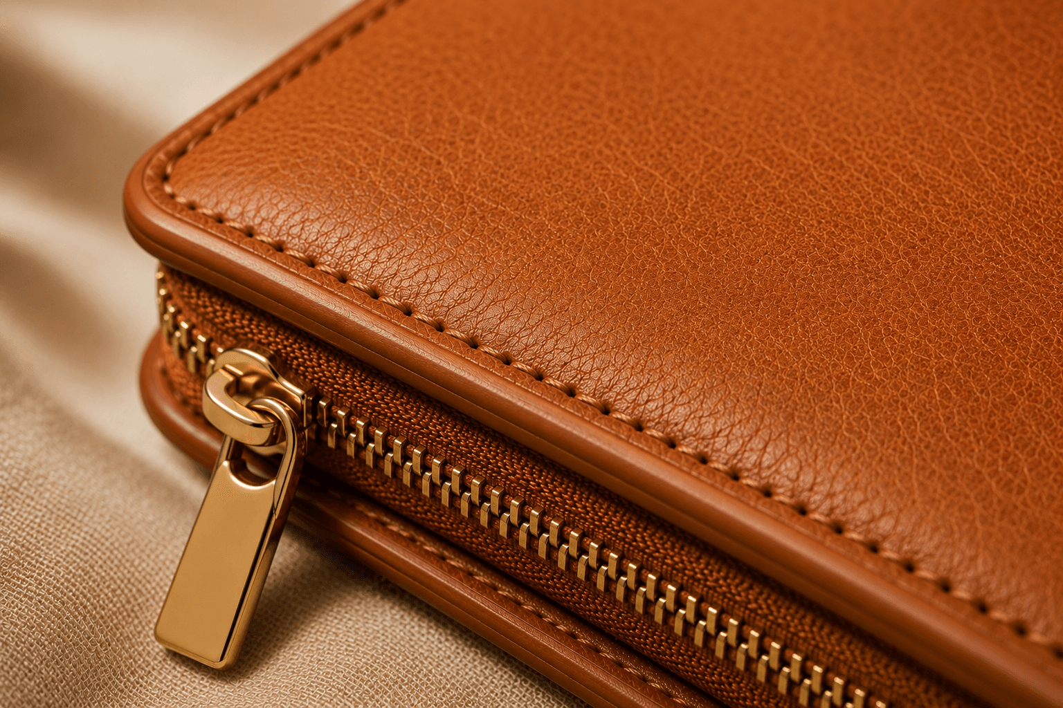 Macro detail of the brass zipper, stitching and full-grain leather