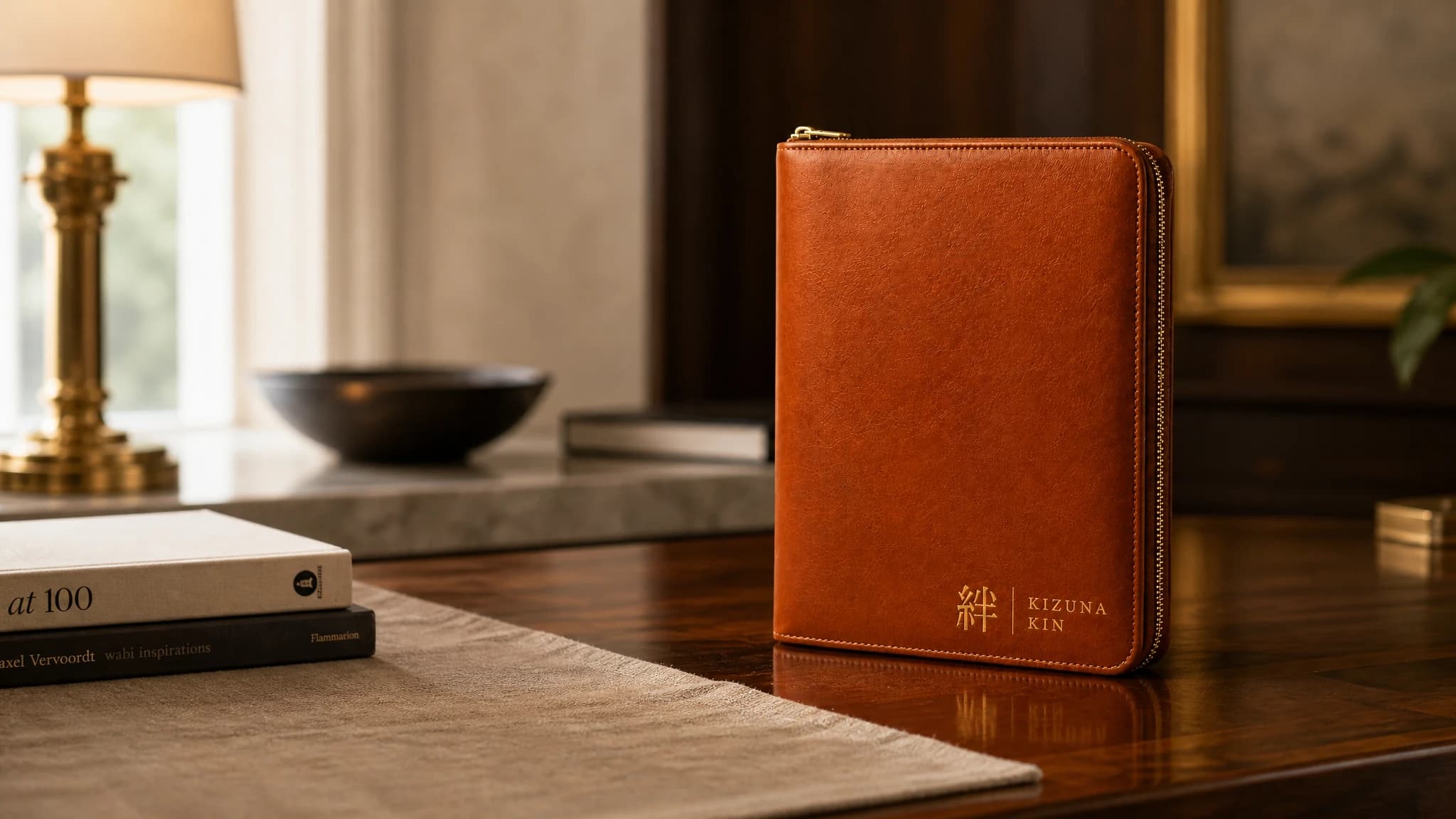 A cognac Kizuna Kin leather binder displayed on a walnut desk in an elegant interior