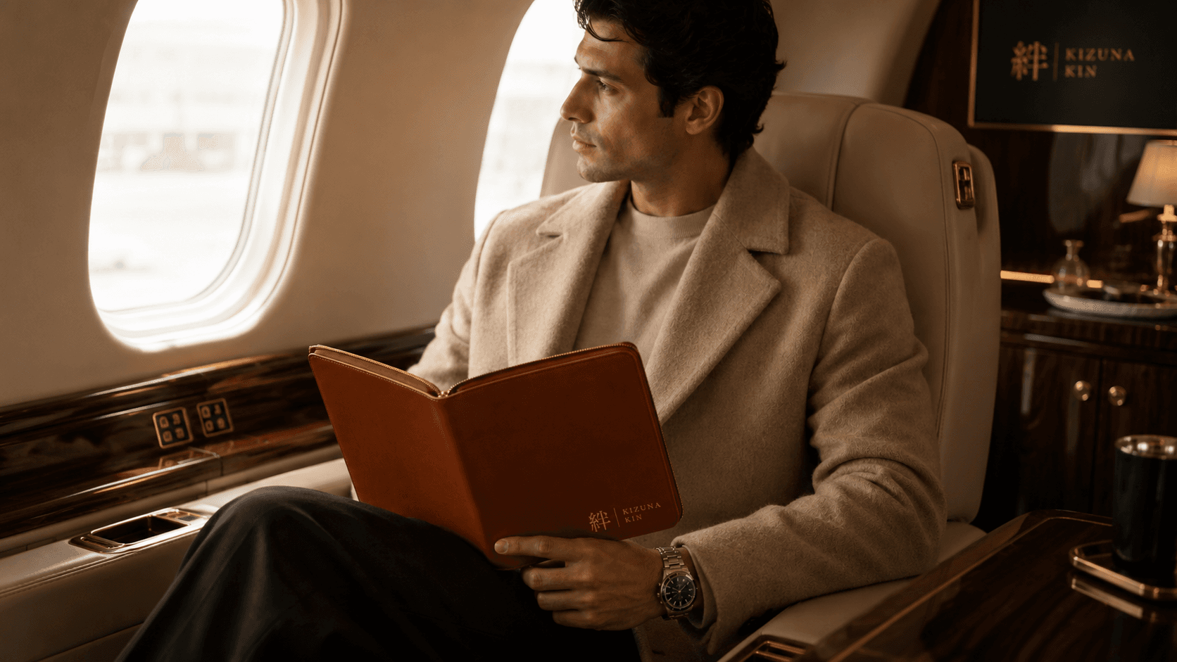A collector reading from a cognac Kizuna Kin binder aboard a private jet